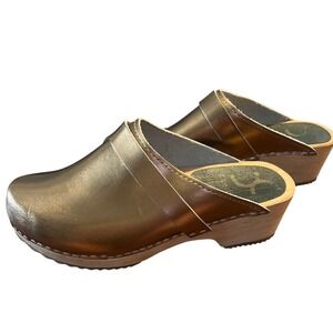 Cape Clogs Swedish Wooden Mules Bronze Metallic Leather Stapled Shoes Size 38